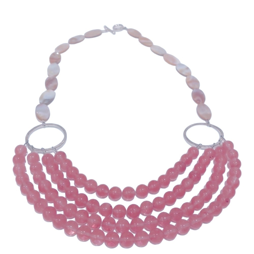 Beautiful rose quartz, silver and shell Boho necklace. Artisan-made. New.